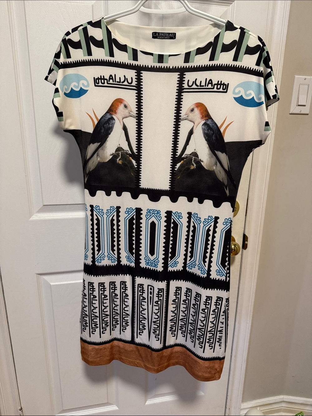 La Pateau Bird Print Shift Mini Dress in White, Black & Blue